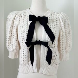 Alice+Olivia Puff Sleeve Bow Cardigan short sleeve Sweater Small Ivory/black